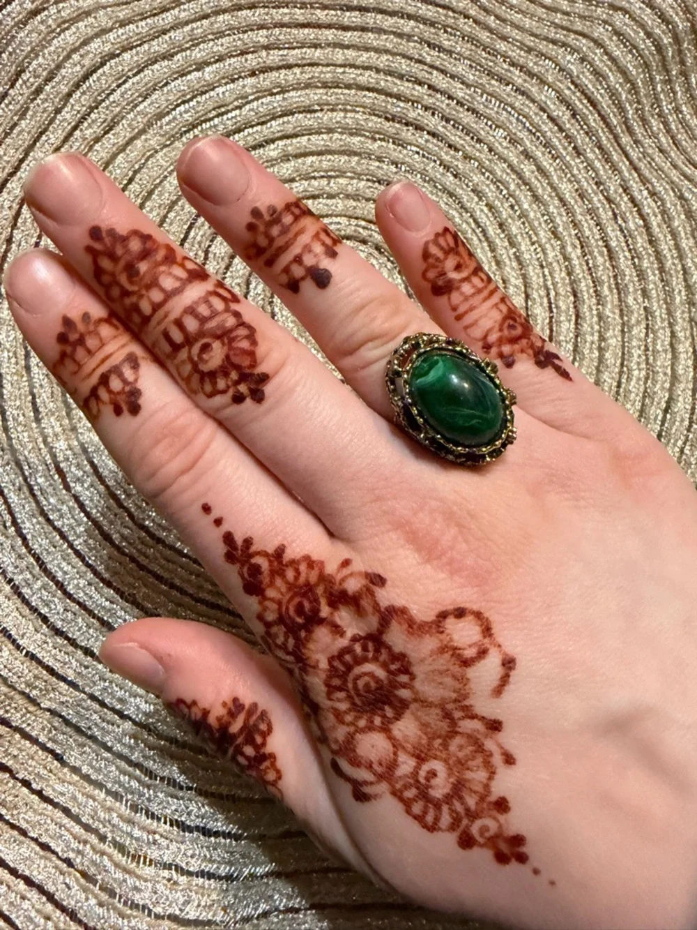 Vintage Style Green Stone Statement Ring Adjustable Gold Tone Cabochan Oval Boho